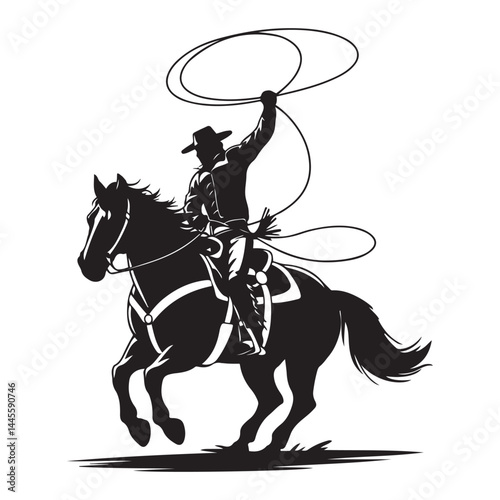 Cowboy rides a horse and throws a lasso. Cowboy on the rodeo. Vector Black silhouettes. with white background