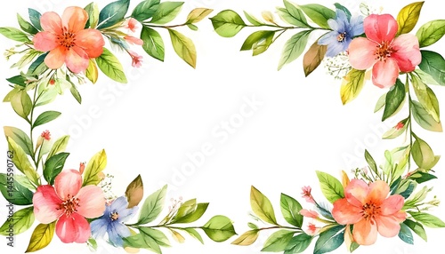 leaves and flowers watercolor frame on white background in pastel colors