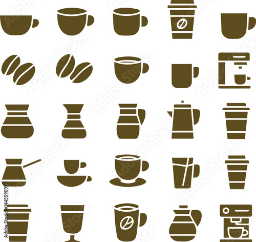 Coffee icon set black line art. coffee cup icons, coffee beans, coffee machine, coffee making tools jug blunder and different coffee cups and paper glass