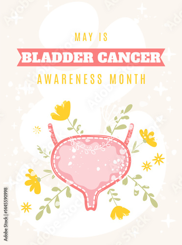 May is Bladder cancer awareness month concept. Healthy bladder with flowers and leaves. Vector illustration in hand drawn flat cartoon style. Perfect for website, banner, poster, flyer and so on