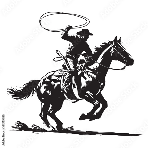 Cowboy rides a horse and throws a lasso. Cowboy on the rodeo. Vector Black silhouettes. with white background
