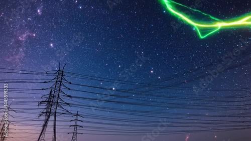 Electricity pylons under starry night sky with green energy beam overlay
