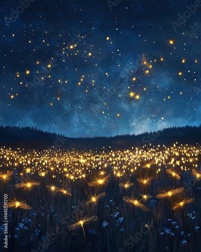 Fireflies lighting up night sky in perfect patterns representing bioelectricity in nature glowing lights as a symphony of natural science