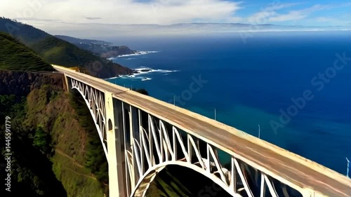 Bixby creek bridge along highway one in california coastline aerial view
