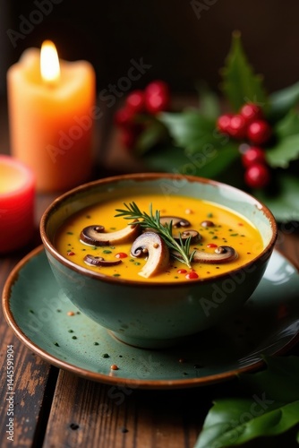 Traditional Italian-style porcini mushroom soup in a festive holiday setting with candles and holly, Wooden Utensils , Spoon