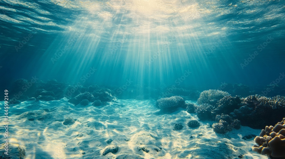 Fototapeta premium Underwater Coral Reef Scene With Sunbeams