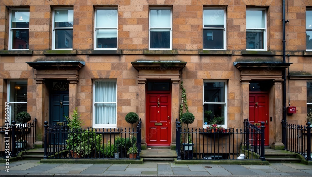 Naklejka premium Traditional terraced houses in Glasgow with stone fa?ade and ornate doorways, classic style, historic homes