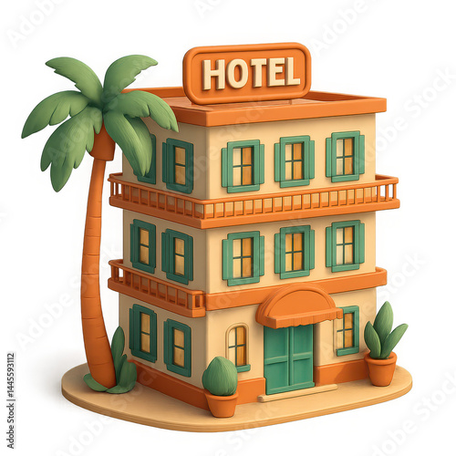Colorful hotel building with palm trees in a whimsical style  