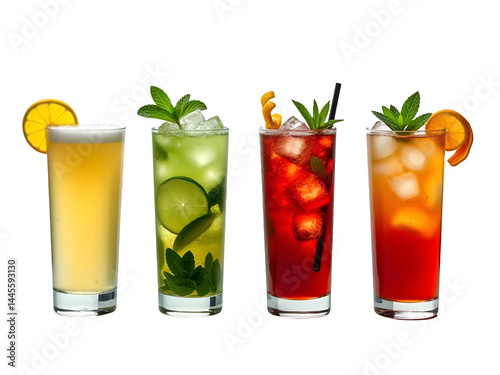 Four colorful cocktails in tall glasses with ice and fruit garnishes on a black background isolated