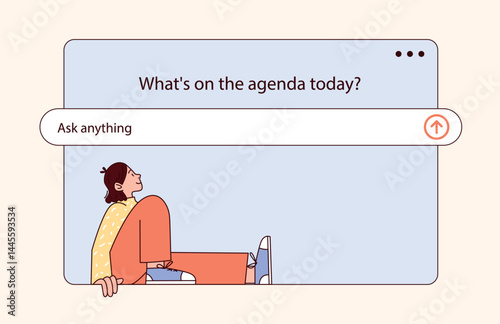 AI chat window with Search Bar. Ask Anything input field. Female character sitting relaxed. Concept of using Artificial Intelligence for question, agenda, planning, help. Flat vector illustration