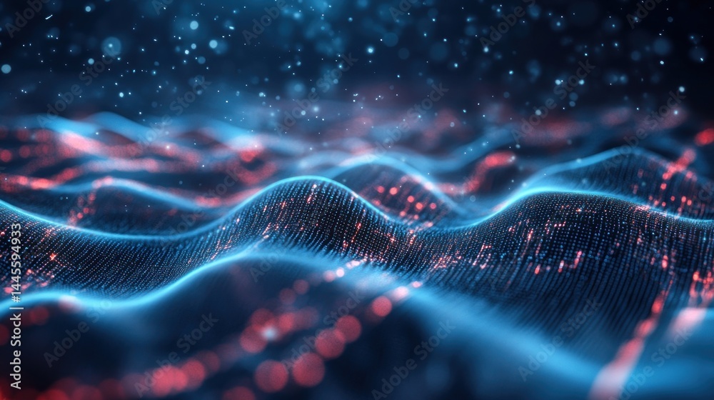 Abstract digital wave patterns. Dynamic network of glowing particles Abstract digital wave patterns. Dynamic network of glowing particles