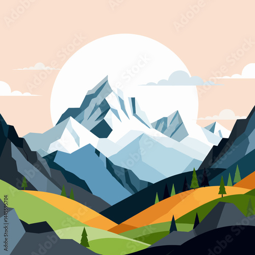 Minimalist Mountain Landscape with Pine Trees_Geometric Peaks at Sunset_Abstract Nature Scenery_Wallpaper Background_Mountain Illustration_Graphic Design Artwork_Scenic View