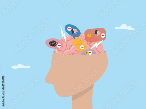 Human head with negative thinking illustration flat design vector. Clipart in concept Mental health problem poor mindset, bad attitude, toxic comment, social depression, anxiety and harmful mind.