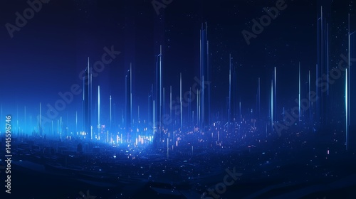 Abstract glowing blue landscape with vertical light structures  