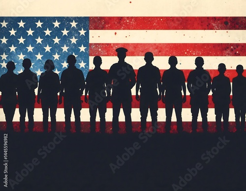 U.S. Soldiers Silhouettes Standing Before American Flag