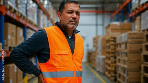 Warehouse worker in safety vest experiencing back pain while surrounded by stacked boxes