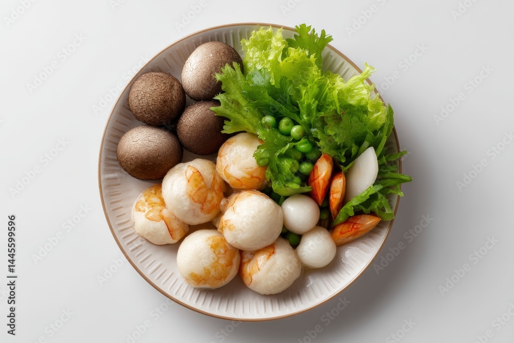 Assorted Ingredients on Plate Shrimp, Mushrooms, Greens Assorted Ingredients on Plate Shrimp, Mushrooms, Greens