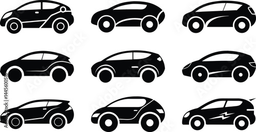 Futuristic compact car silhouette vector set. Modern hatchback side view vehicle icons. Minimal black city car outline for electric, urban transport design. Flat  auto illustrations for web, graphics.