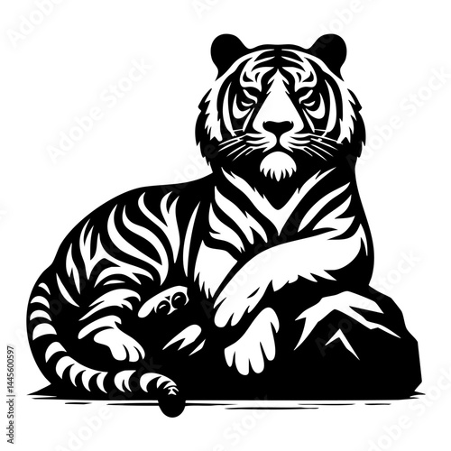 Majestic Tiger: Black and White Vector Art