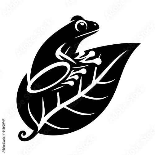 Frog on Leaf: Black and White Nature Illustration photo