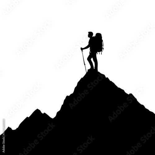 Silhouette of Hiker Reaching Mountain Peak