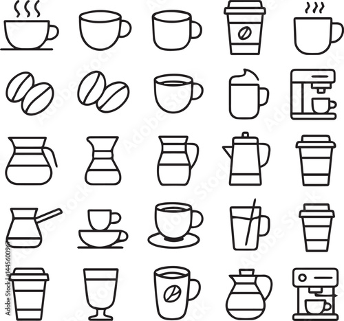 Coffee icon set black line art. coffee cup icons, coffee beans, coffee machine, coffee making tools jug blunder and different coffee cups and paper glass