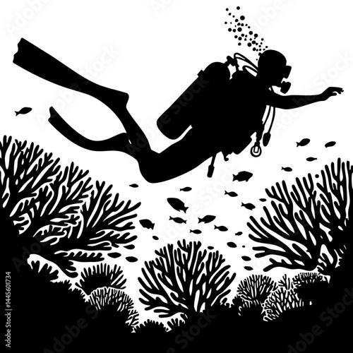 Scuba Diver Silhouette in Vibrant Coral Reef