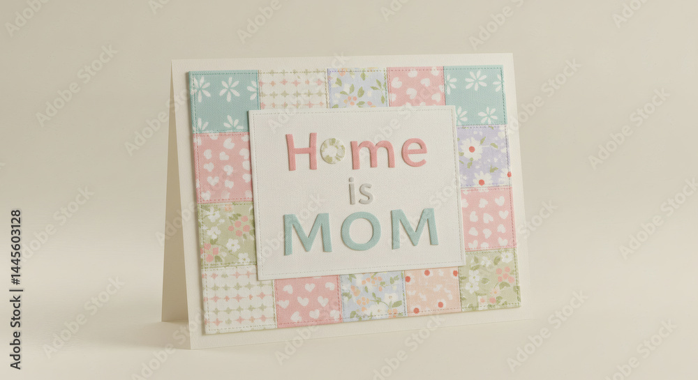 Fototapeta premium A charming handmade card expresses 'home is mom' on a patchwork background, perfect for gifting.