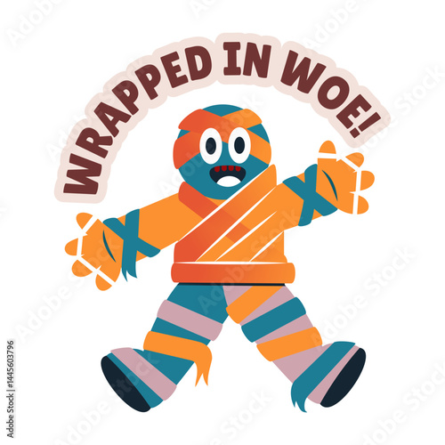 Flat sticker of a scary mummy with wrapped in woe typography
