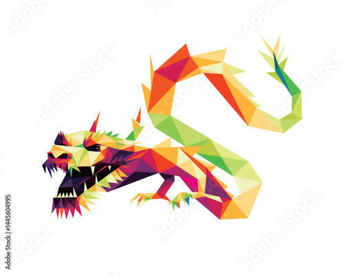 Colorful Low Poly Polygon of Angry Dragon. Colorful abstract Illustration of Flting Dragon. Fierce Dragon Colorful Logo.