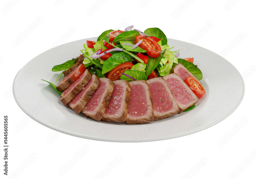 Grilled Tuna Steak And Salad On White Plate With Transparent Background