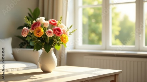Brightly colored bouquet in a vase on a wooden table in a sunlit room