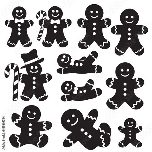  set of various style gingerbread man black vector silhouette 