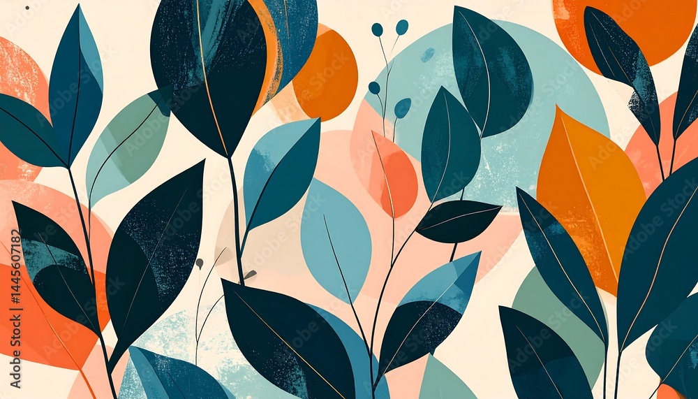 Abstract botanical pattern featuring colorful leaves and shapes on a soft background