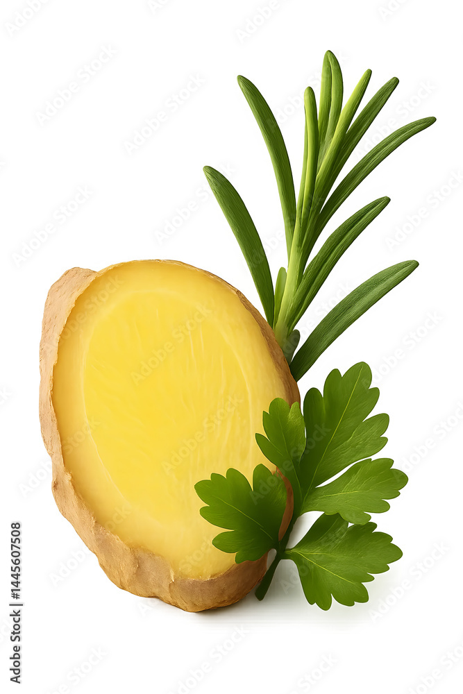 A sliced potato alongside fresh herbs, including parsley and green sprigs, set against a plain background. Concept Sliced Potato Presentation, Fresh Herbs, Culinary Photography, Minimalist Style