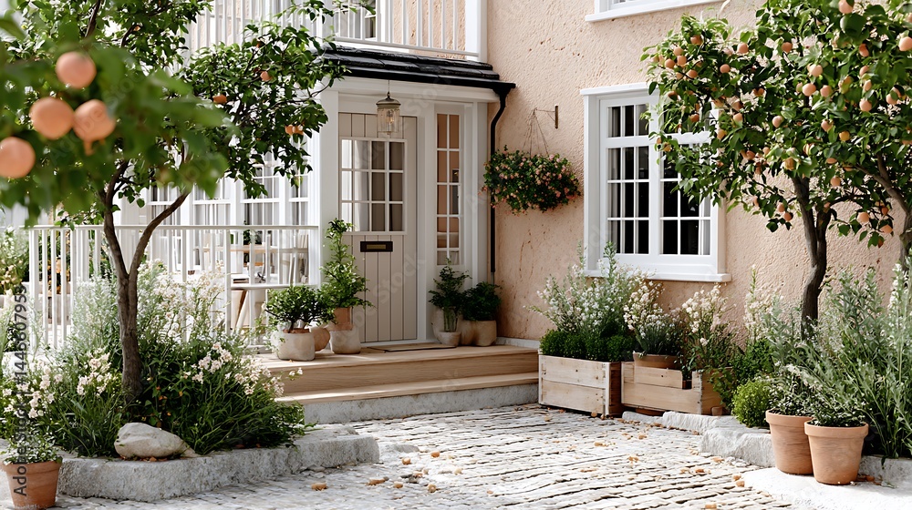 Naklejka premium Charming Cottage Entrance with Blooming Fruit Trees Potted Plants and Stone Patio