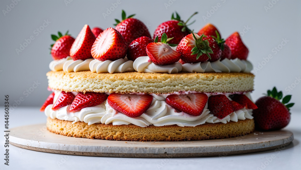 Strawberry shortcake with whipped cream layers and fresh fruit topping on white plate background. Strawberry shortcake with whipped cream layers and fresh fruit topping on white plate background.