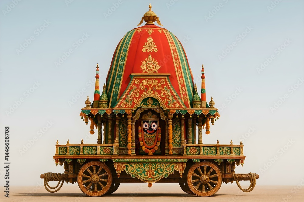 A colorful, ornate temple chariot adorned with intricate designs and a smiling deity face, typically used in religious processions. Concept Temple Chariot Design, Religious Processions