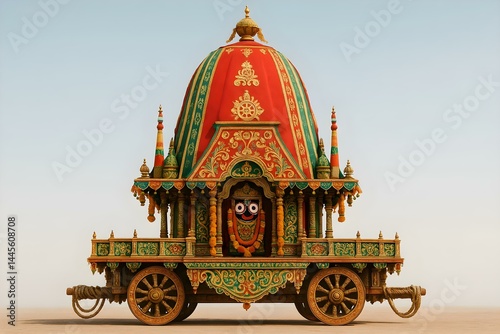 Obraz na płótnie A colorful, ornate temple chariot adorned with intricate designs and a smiling deity face, typically used in religious processions. Concept Temple Chariot Design, Religious Processions w salonie