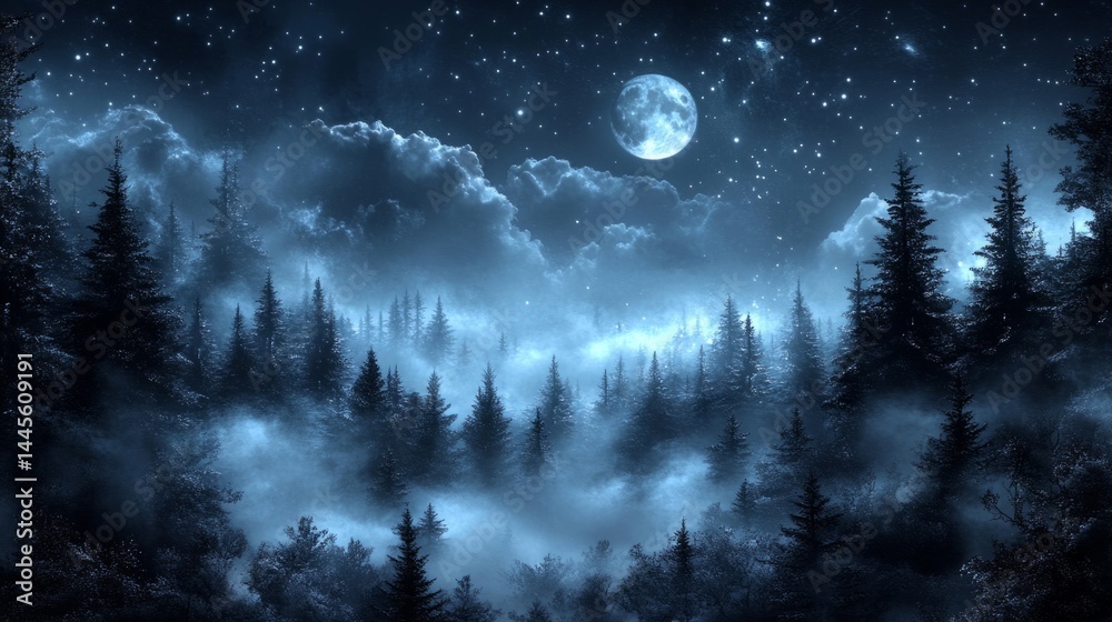 Fototapeta premium Night Forest with Full Moon and Fog