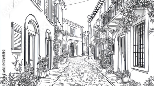 Elegant, narrow street with charming buildings, plants, and stone pavement.  Detailed line drawing