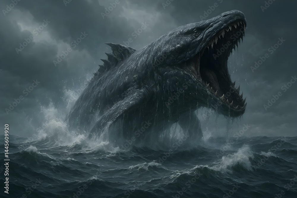 A massive, prehistoric creature emerging from stormy seas with its mouth wide open, surrounded by turbulent waves. Concept Prehistoric Sea Creature, Stormy Seas, Turbulent Waves, Mythical Beasts