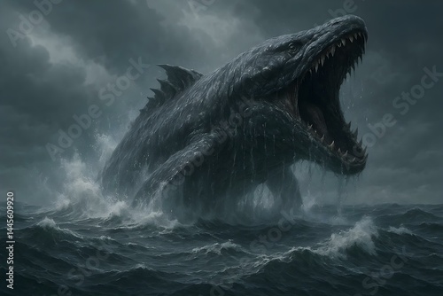 Obraz na płótnie A massive, prehistoric creature emerging from stormy seas with its mouth wide open, surrounded by turbulent waves. Concept Prehistoric Sea Creature, Stormy Seas, Turbulent Waves, Mythical Beasts w salonie