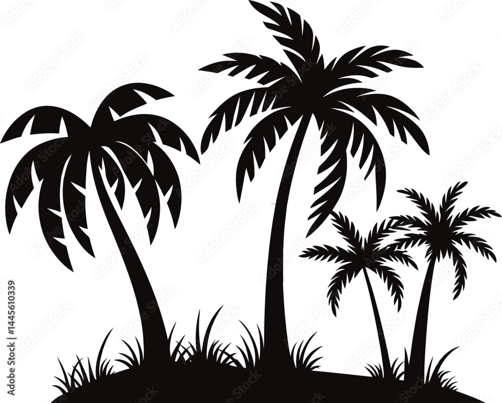 Obraz premium palm tree silhouette | Black and White Beach with Ocean Waves and Palm Tree| vector illustration Isolated on White Background