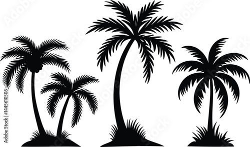 palm tree silhouette | Black and White Beach with Ocean Waves and Palm Tree| vector illustration Isolated on White Background