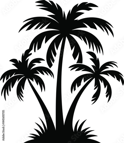 palm tree silhouette | Black and White Beach with Ocean Waves and Palm Tree| vector illustration Isolated on White Background