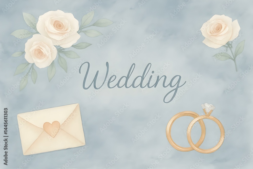 A soft blue background featuring pale pink roses, an envelope with a heart, and two wedding rings, with the word Wedding in elegant script. Concept Wedding Theme, Soft Blue Background