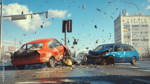 Red car and blue SUV in an accident on the highway, a collision between two cars at a traffic light. Wrecked vehicles after a pile-up or collision at an intersection.