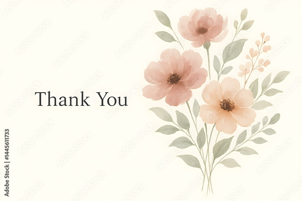 A floral design with pastel-colored flowers and the phrase Thank You in elegant typography. Concept Floral Arrangement, Pastel Color Palette, Elegant Typography, Thank You Card Design