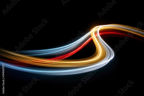 Dynamic Light Trails: Abstract Gold, Red, and White Curves on Black